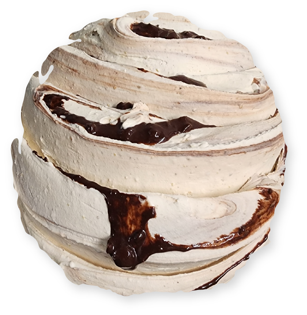 Swirled meringue dessert with chocolate stripes.