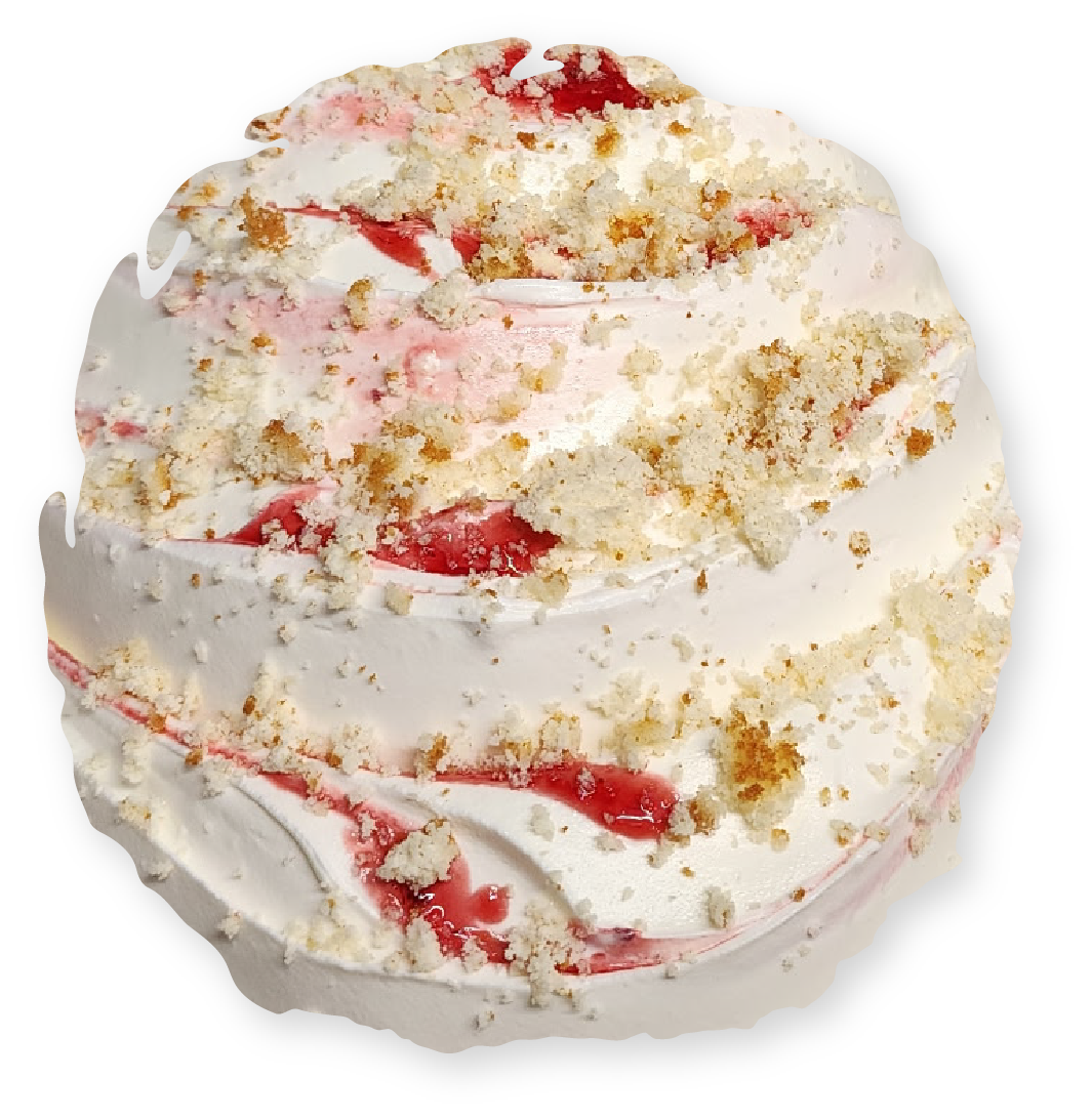 Ice cream scoop with white base, strawberry swirls, and cookie crumble topping.