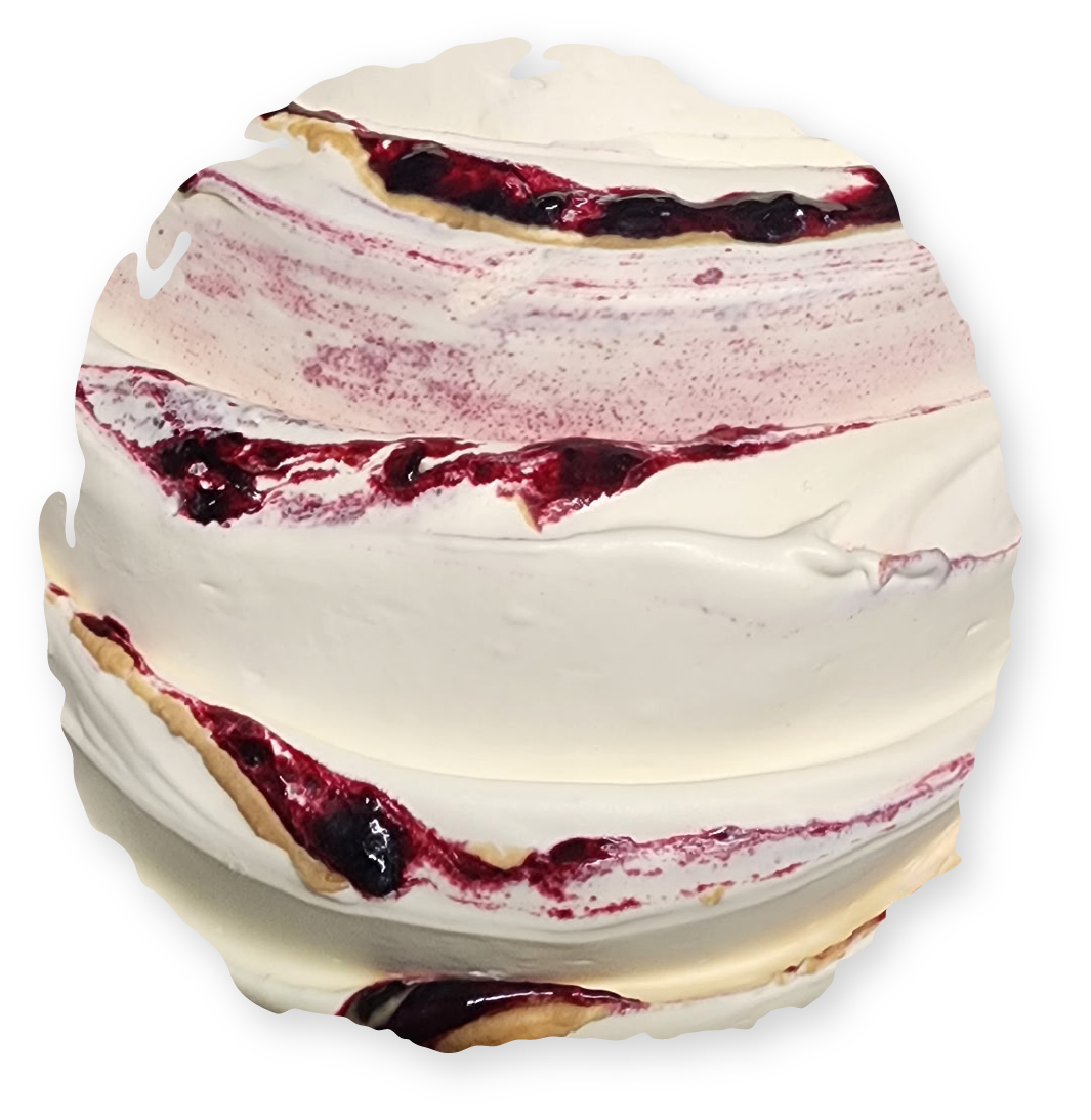 Scoop of white ice cream swirled with purple berry sauce.