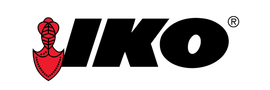 A black and red logo for iko with a red shield on a white background.