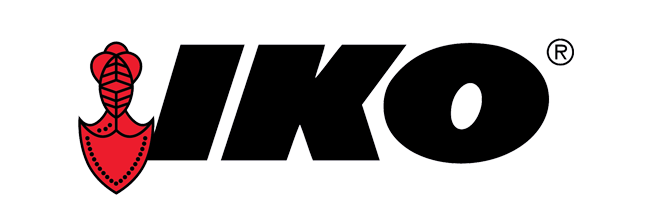 A black and red logo for iko with a red shield on a white background.
