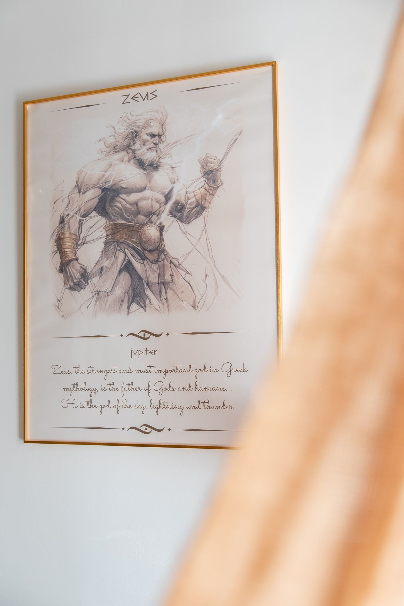 Framed sketch of a warrior holding a sword, with handwritten notes beneath, hanging on a white wall.