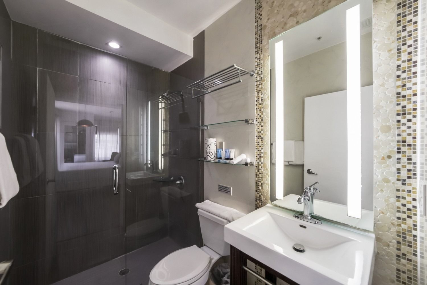 Modern bathroom with walk-in shower, toilet, and white vanity with lit mirror.