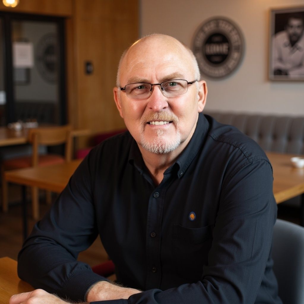 Man wearing glasses and a black shirt seated indoors, smiling.