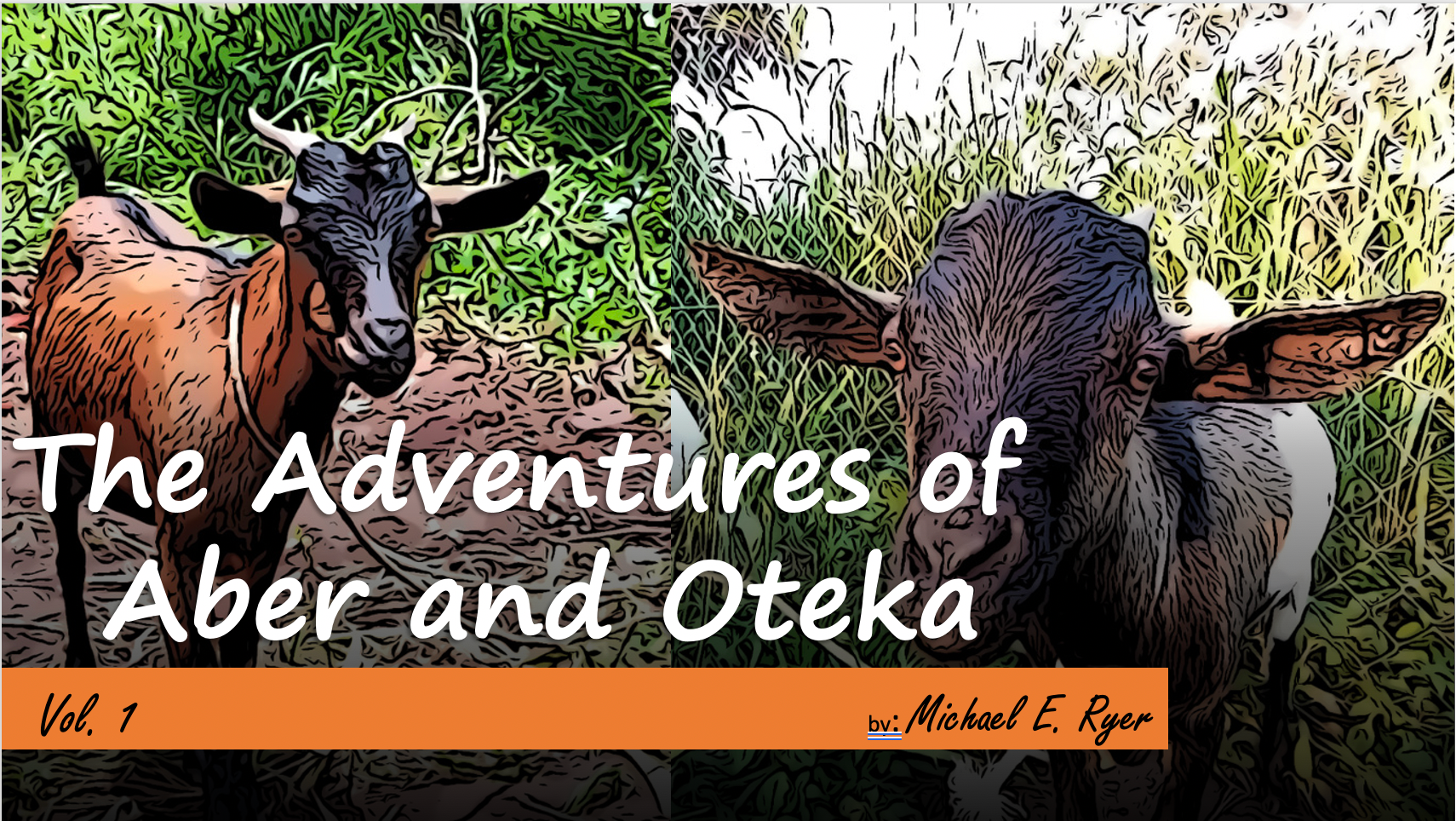 Book cover: Two goats, one brown, one dark, in front of a title 