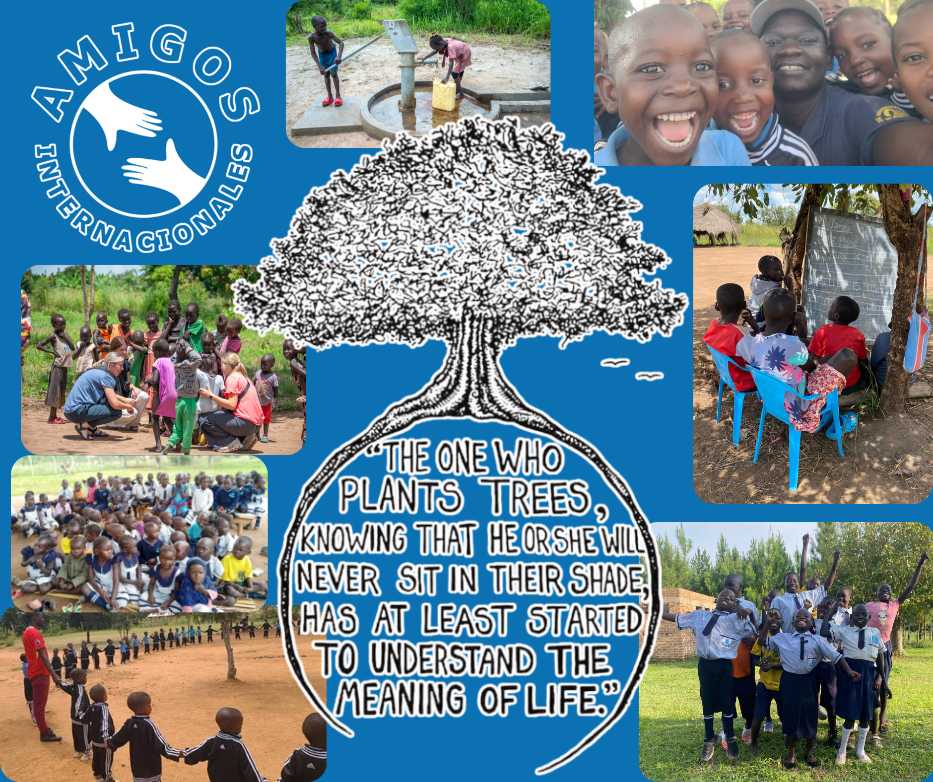 Collage of photos: Children with adults; planting trees, water pump, learning, smiling. Text about planting trees.