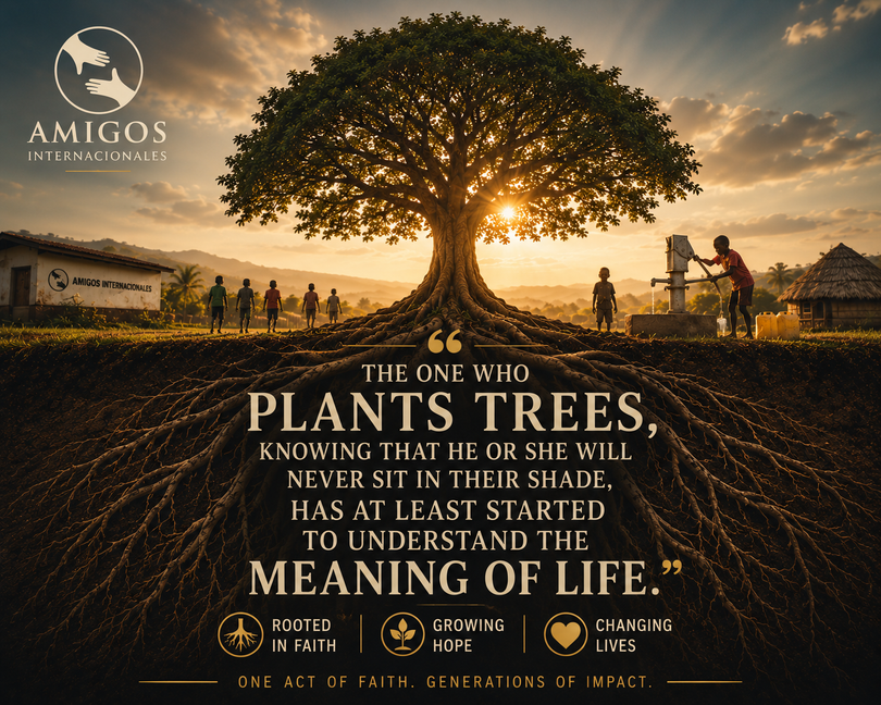 Amigos Internacionales collage: children, well, classroom, and people planting trees, quote about planting trees.