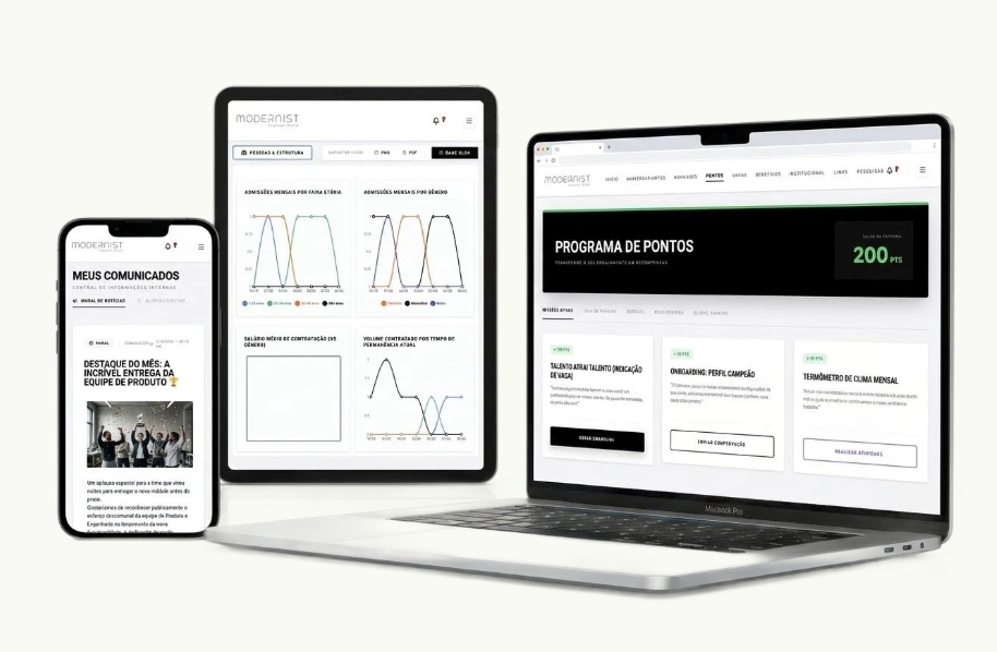 Um smartphone, tablet e laptop exibem painéis digitais e interfaces web em um layout moderno, profissional e organizado.