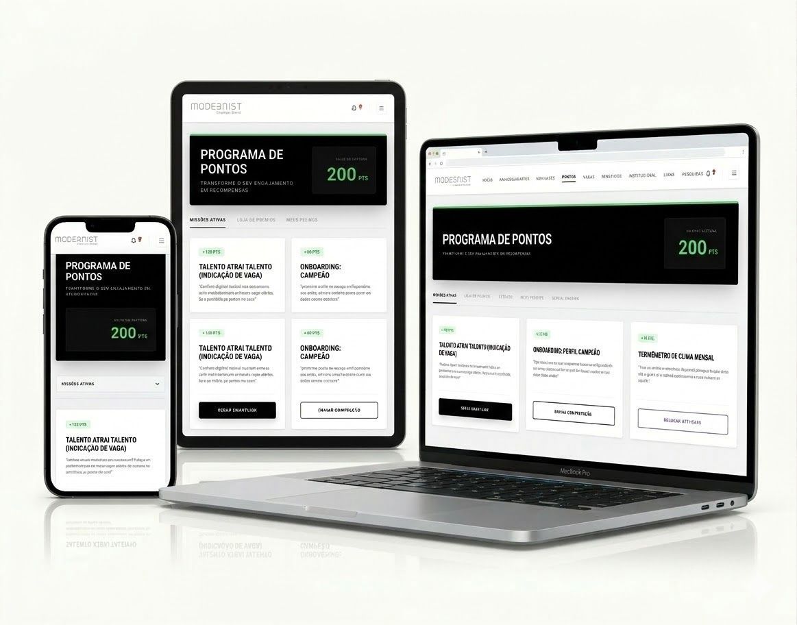 Um laptop, um tablet e um smartphone exibindo a interface de um site com um painel de controle em preto e branco.