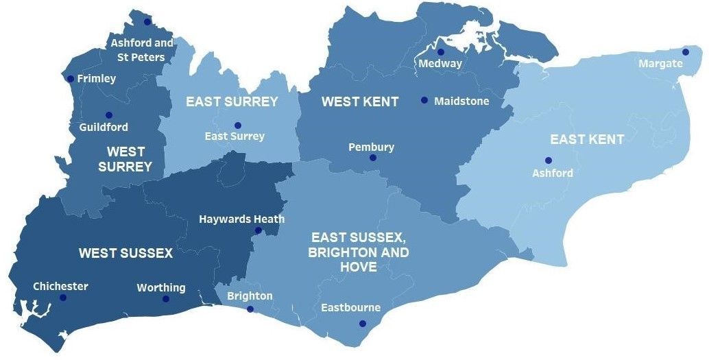 Counties Map of West Kent, East Kent, East Sussex, Brighton & Hove, West Sussex, East Surrey & West Surrey