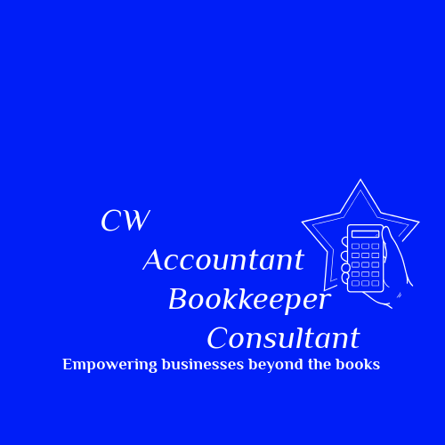 logo of CW Licensed Bookkeeper & Accountant. The letters 'CW' appear dynamically in a sleek, modern font, followed by the tagline 'Licensed Bookkeeper & Accountant.