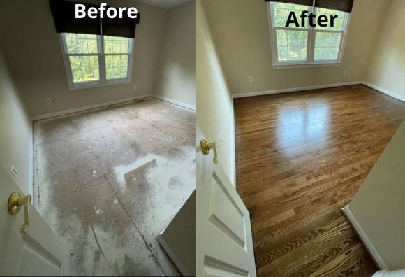 Room before/after: dirty carpet replaced with shiny hardwood floors. Sunlight streams through window.