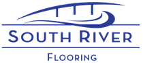 Logo for South River Flooring: blue text and graphic of bridge and flowing water.