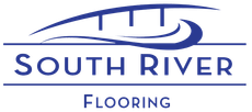 Logo for South River Flooring: blue text and graphic of bridge and flowing water.