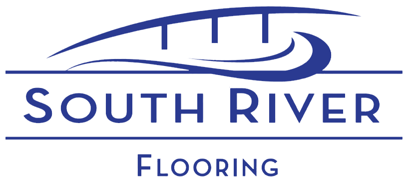 Logo for South River Flooring: blue text and graphic of bridge and flowing water.