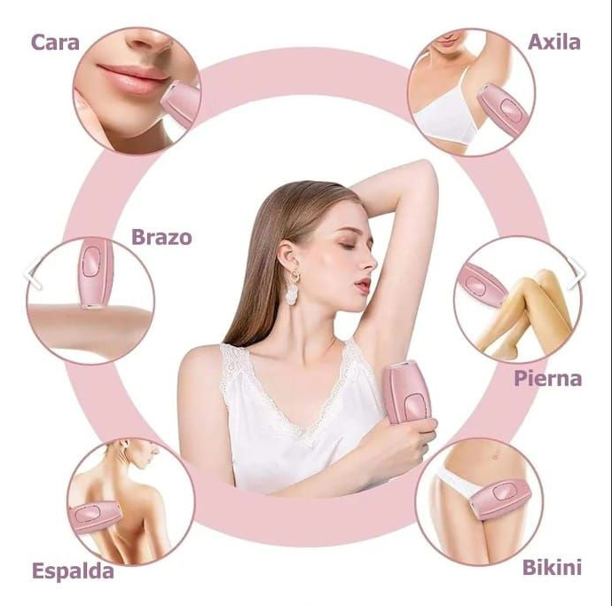 Mujer usando un dispositivo de depilación en varias partes del cuerpo, incluyendo la cara, las axilas.