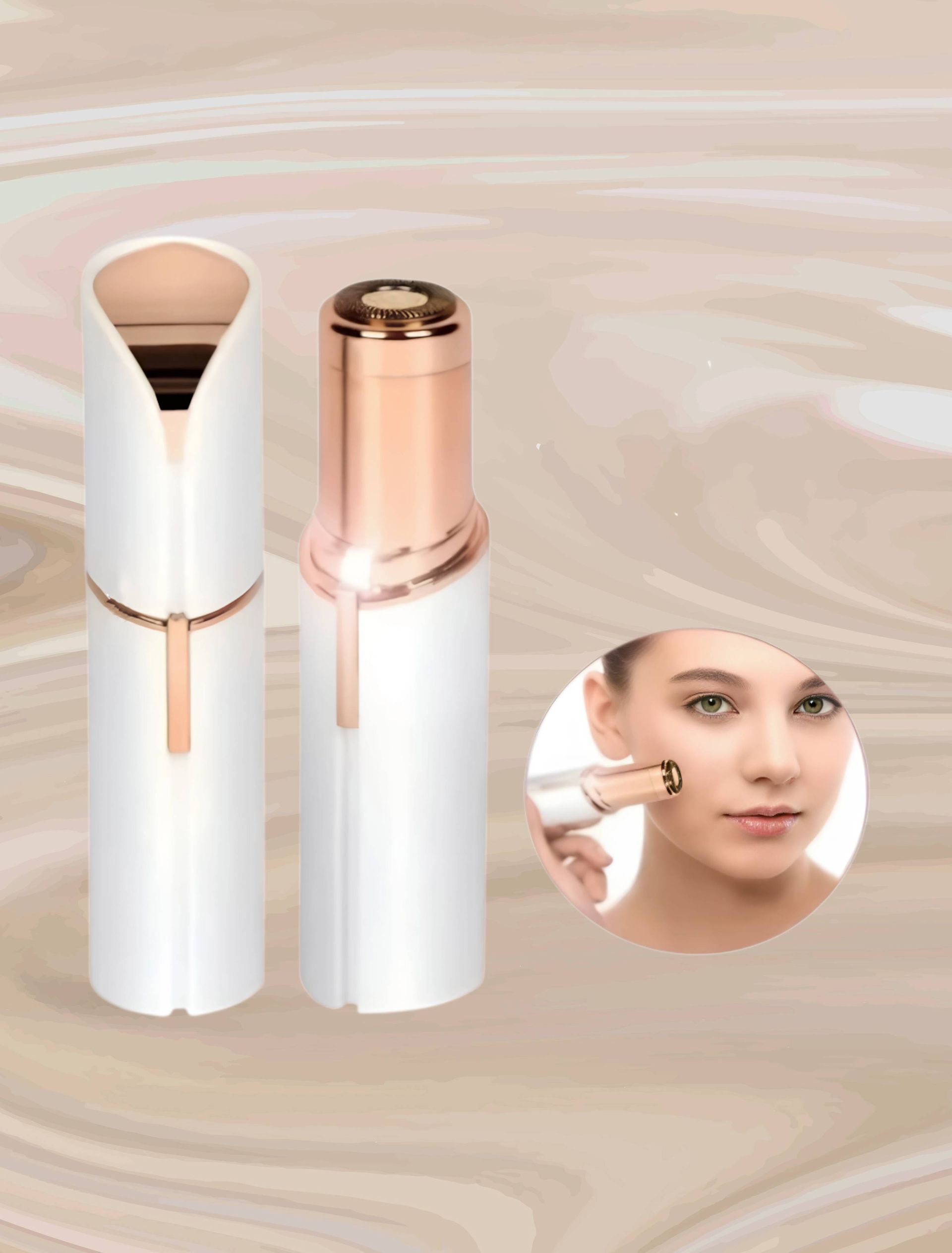 Dos dispositivos de depilación facial de color blanco y oro rosa con una mujer utilizando uno de ellos.