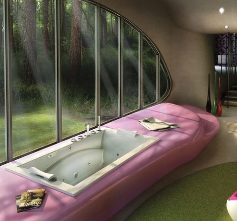 A bathtub in a bathroom with a view of a forest