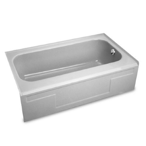 A white bathtub is sitting on a white surface.