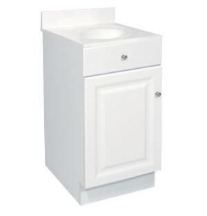 A white cabinet with a sink on top of it.