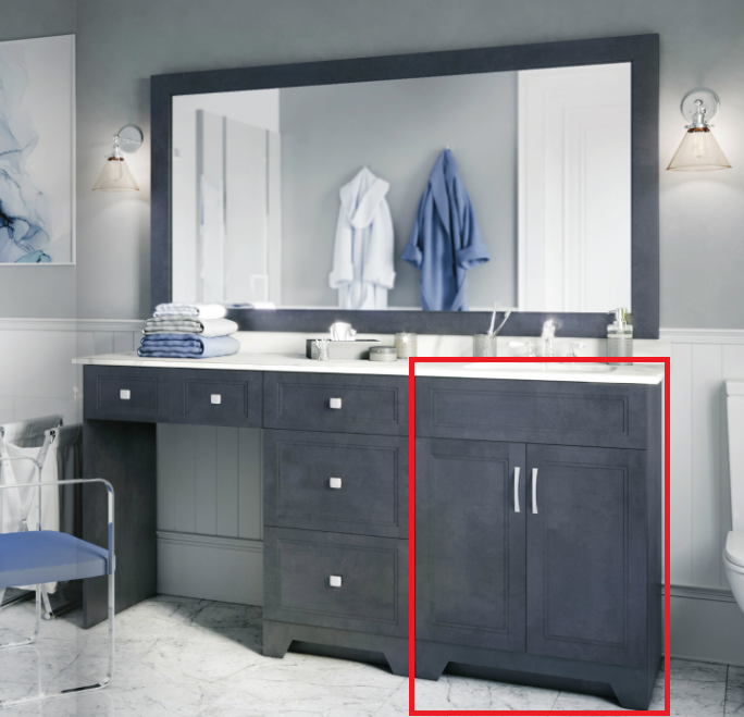 A bathroom with a vanity with a red circle around it