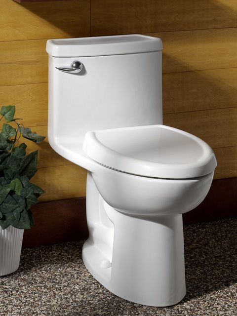 A white toilet in a bathroom next to a potted plant