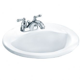A white sink with a chrome faucet on a white background