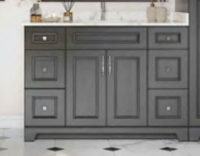 A bathroom vanity with gray cabinets and drawers and a sink.