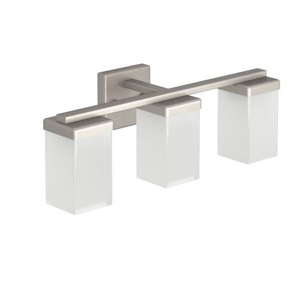 A bathroom vanity light with three square shades on a white background.