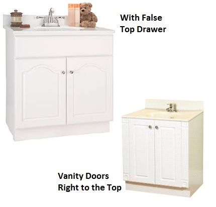 A bathroom vanity with false top drawer and vanity doors right to the top