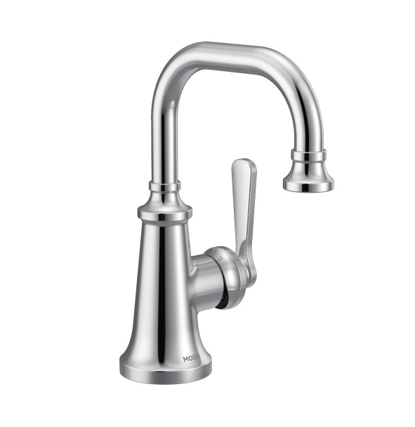 A chrome sink faucet with a handle on a white background.