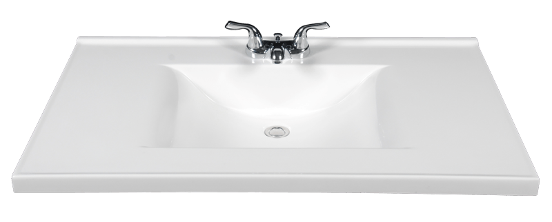 A white bathroom sink with chrome handles on a white background.