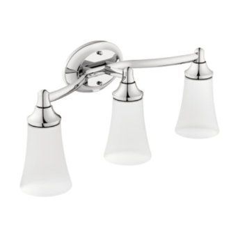 A bathroom vanity light with three white glass shades