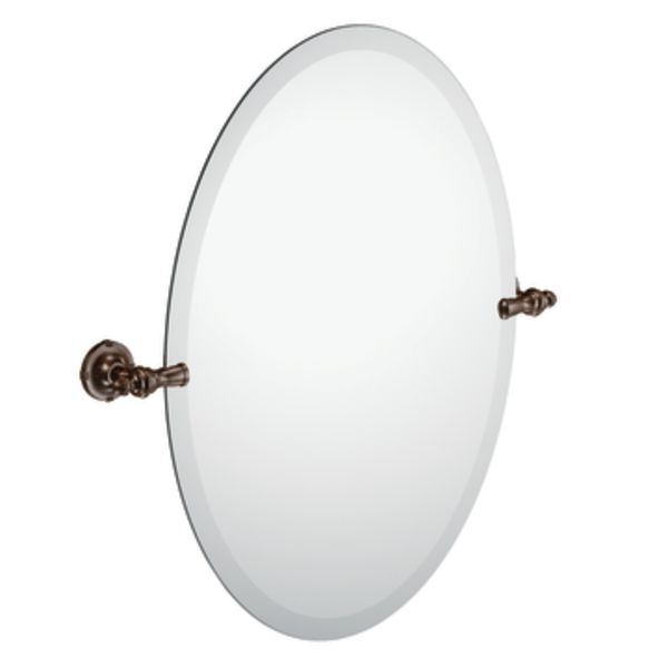 A round mirror with a bronze frame on a white background