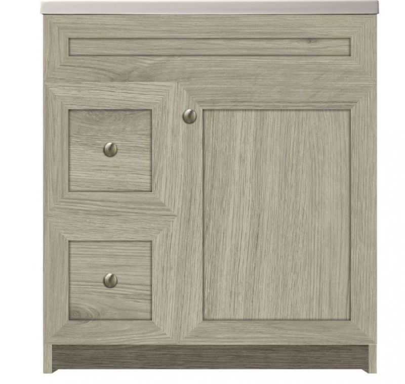 A wooden cabinet with two drawers and a door on a white background.