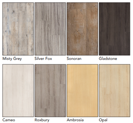 A display of different types of wood including misty grey silver fox sonoran gladstone cameo roxbury ambrosia and opal