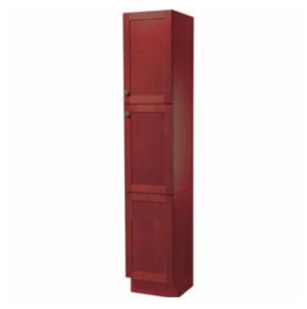 A tall red cabinet with two doors on a white background