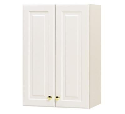 A white cabinet with two doors and gold handles on a white background.