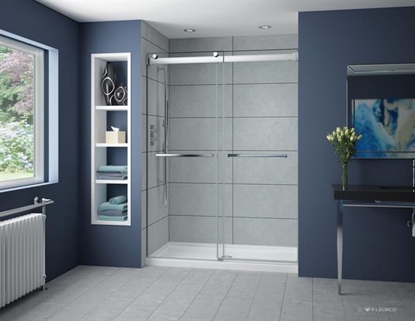 A bathroom with a sliding glass shower door