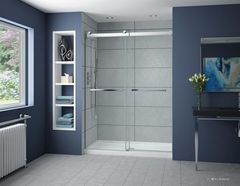 A bathroom with a sliding glass shower door