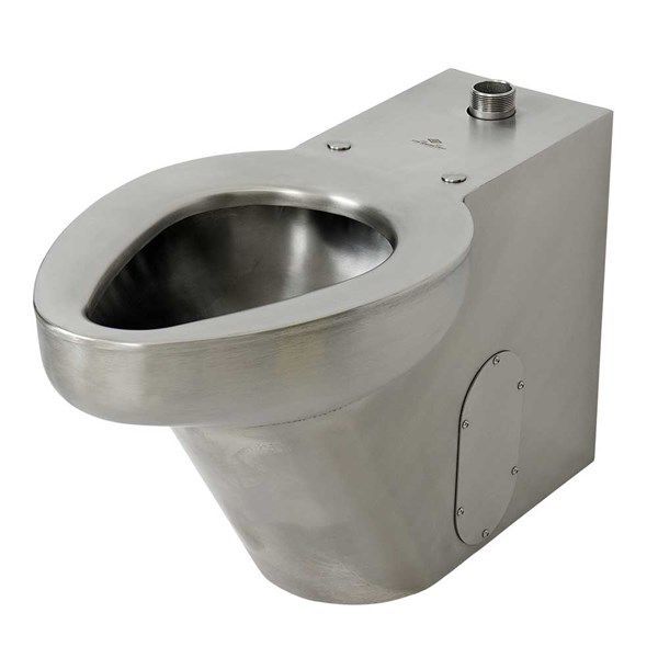 A stainless steel toilet with a faucet attached to it