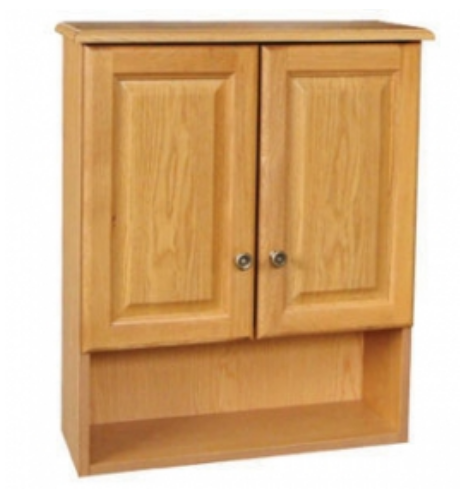 A wooden cabinet with two doors and a shelf underneath