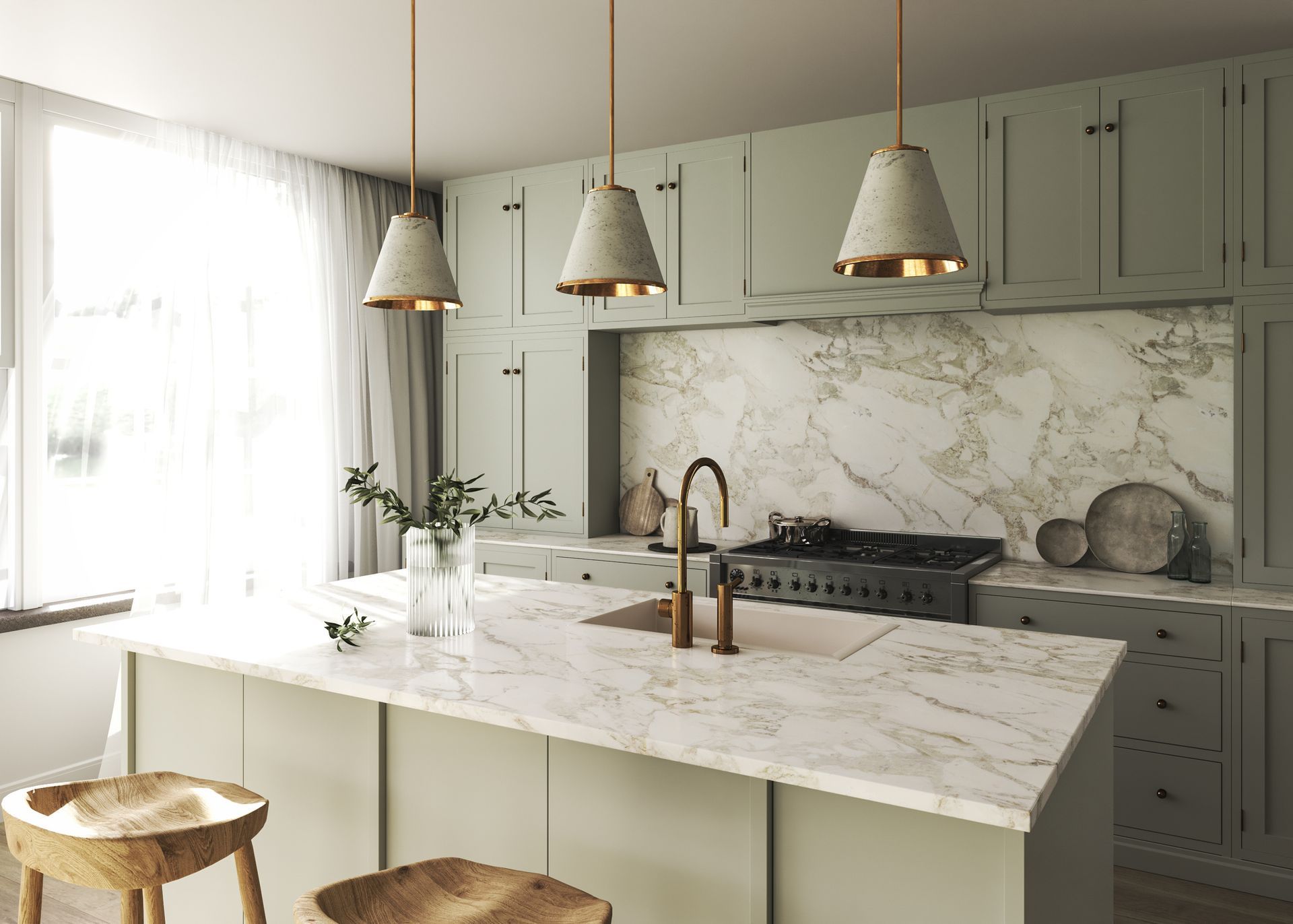 Modern kitchen design with green cabinets and a marble counter, done by custom kitchen remodelers.