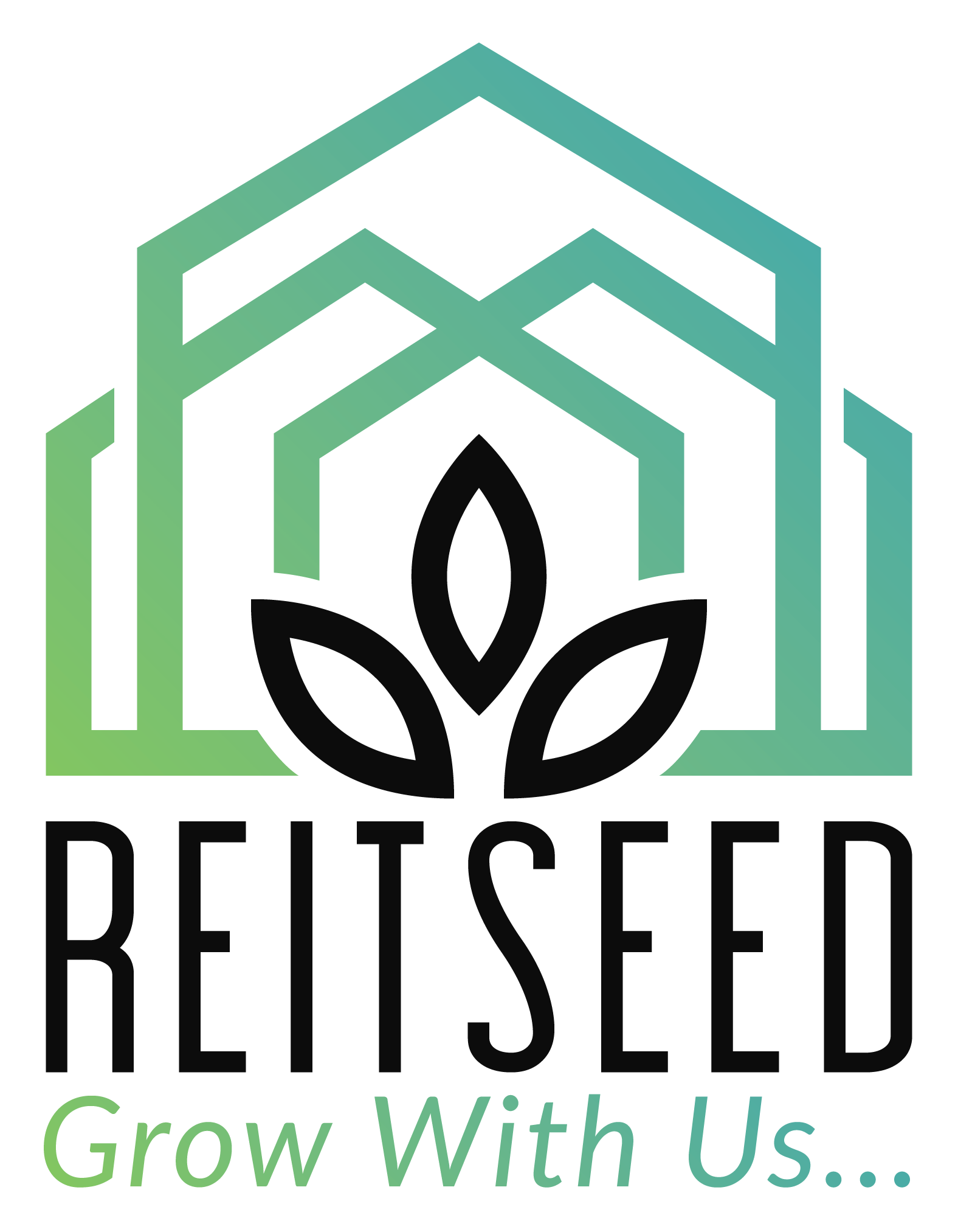 A logo featuring a gradient green house outline containing black leaves, with 