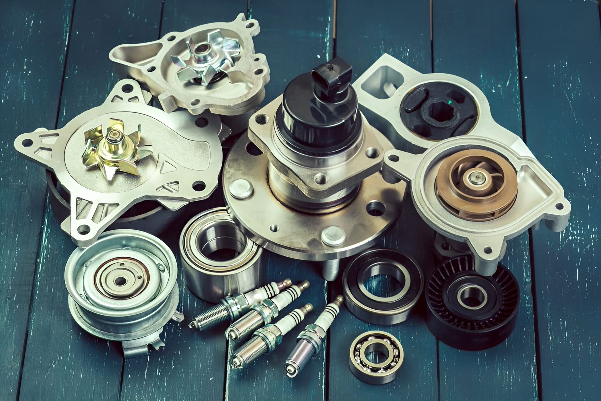 Various car parts sat on a wooden table.