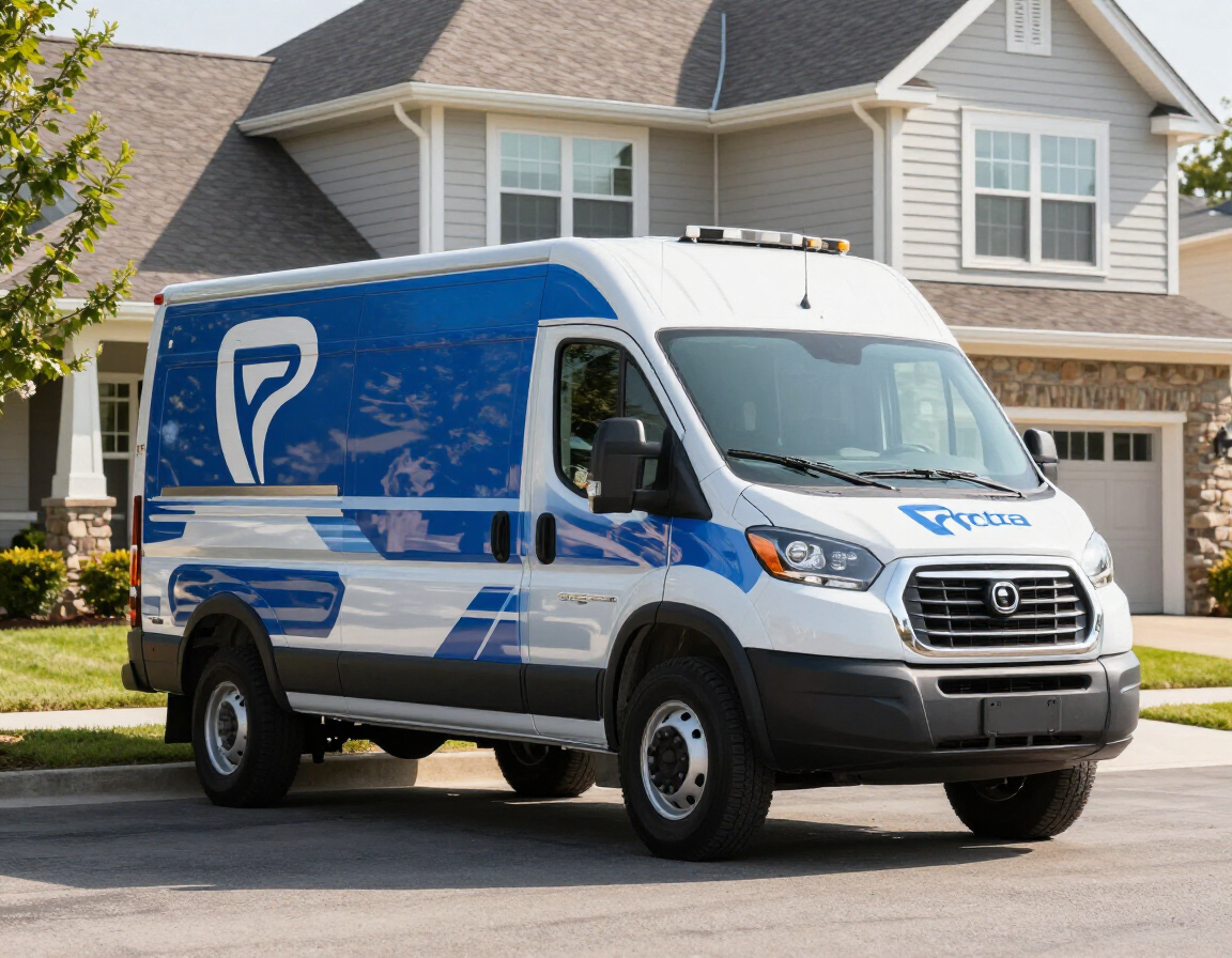 A white and blue branded commercial delivery van parked on a suburban street in front of a residential house.