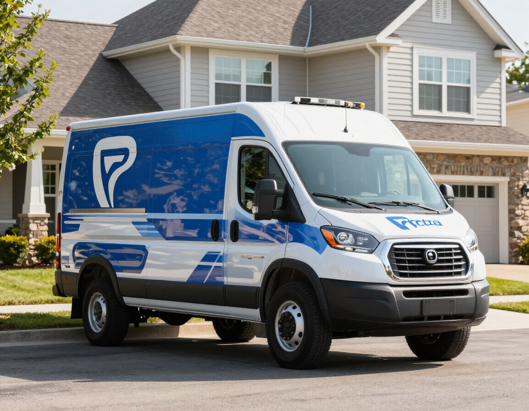 A white and blue branded commercial delivery van parked on a suburban street in front of a residential house.