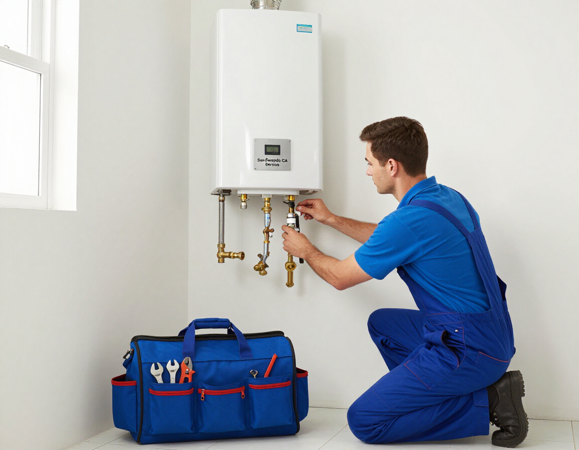 A worker in blue overalls kneels by a wall-mounted water heater, using tools to inspect the pipes.