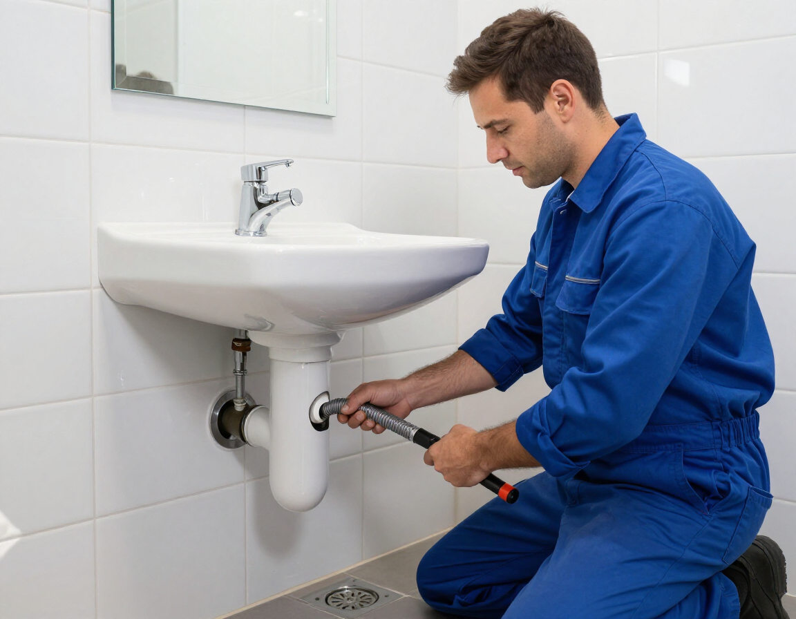 A worker in a blue uniform kneels to fix a white bathroom sink drain pipe.
