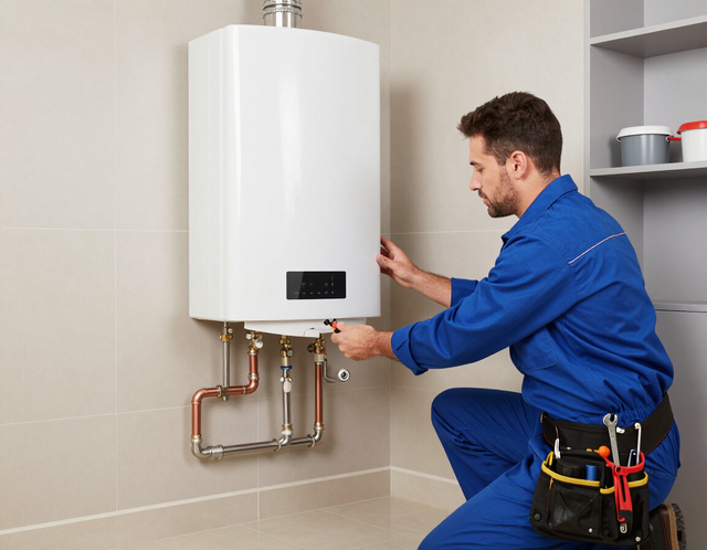 A technician in a blue uniform repairing a white wall-mounted boiler in a room.